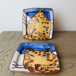 Set of Stephen Kilborn (SK) Art Pottery Plates 6.5x7" Spotted Cat Taos Studio NM